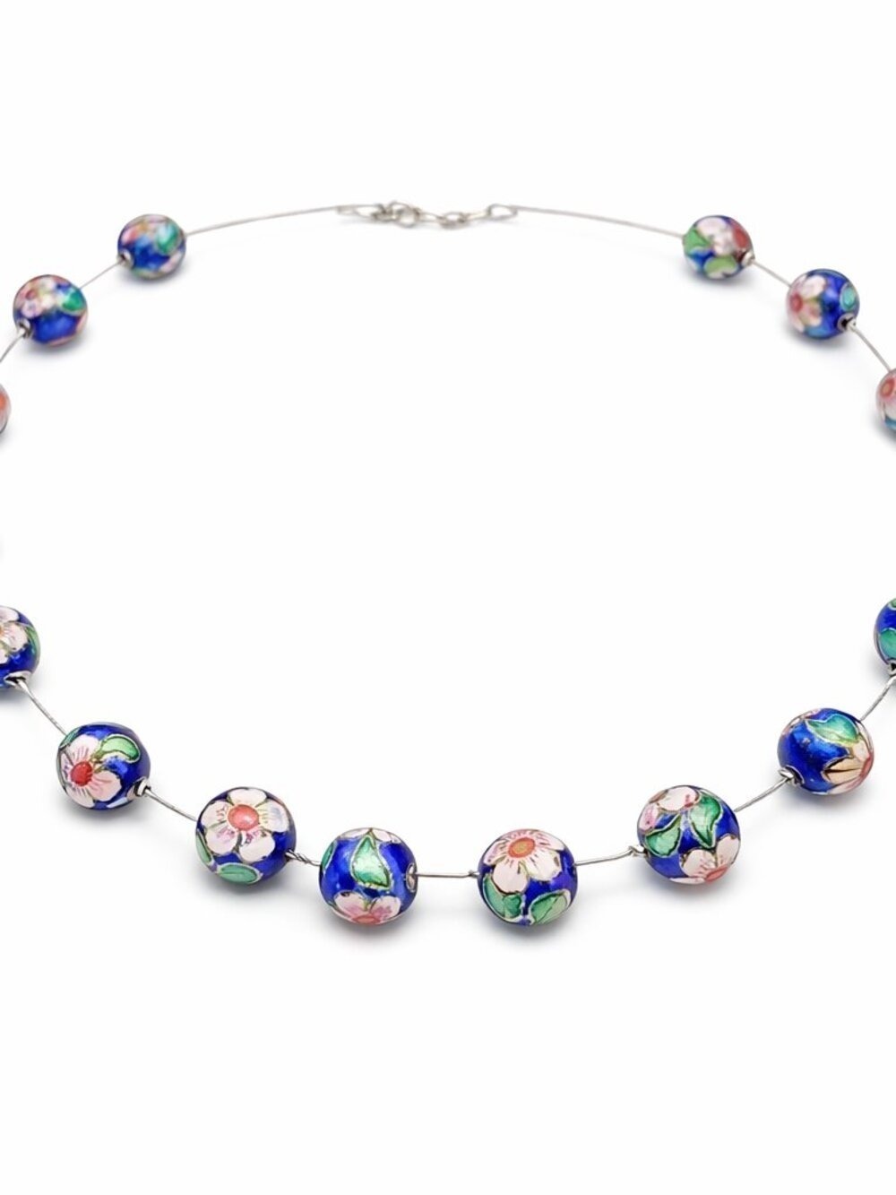 Vintage Chinese Cloisonné Blue Enamel Flower Necklace on Silver Wire, 18”